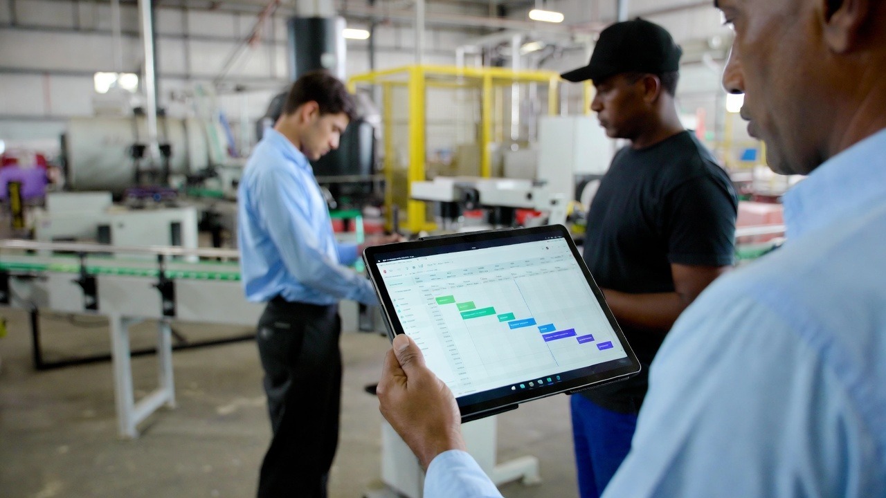 Small business manufacturing team using scheduling software on a tablet to monitor production workflow on the factory floor.