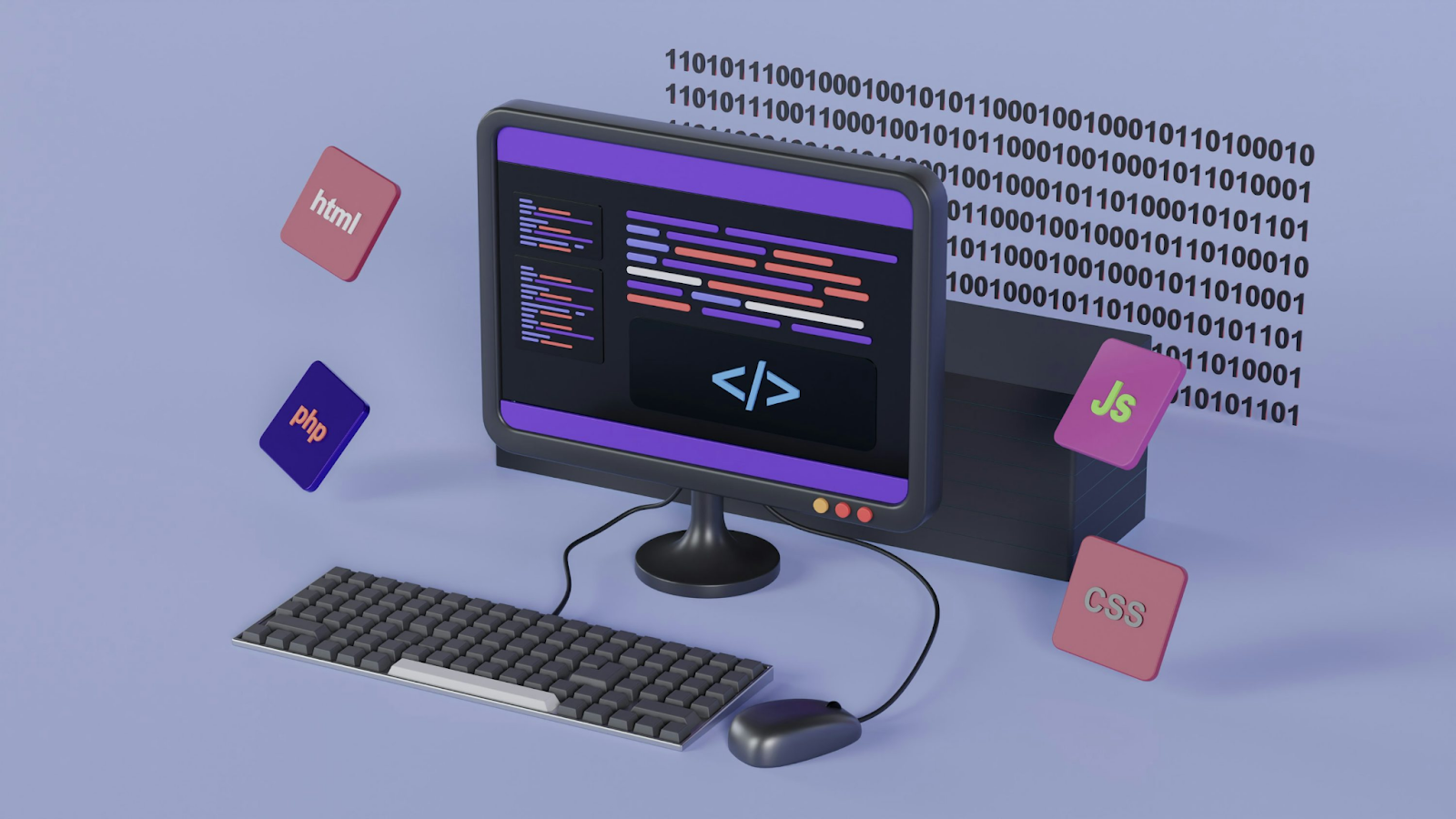 3D illustration of a desktop computer with code on screen, surrounded by floating programming icons and binary numbers