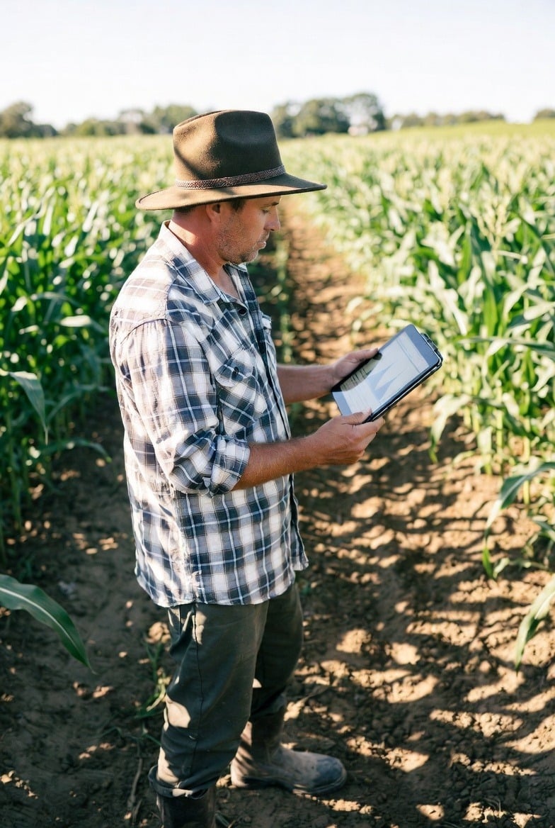 A man standing on a field holding a tablet.
