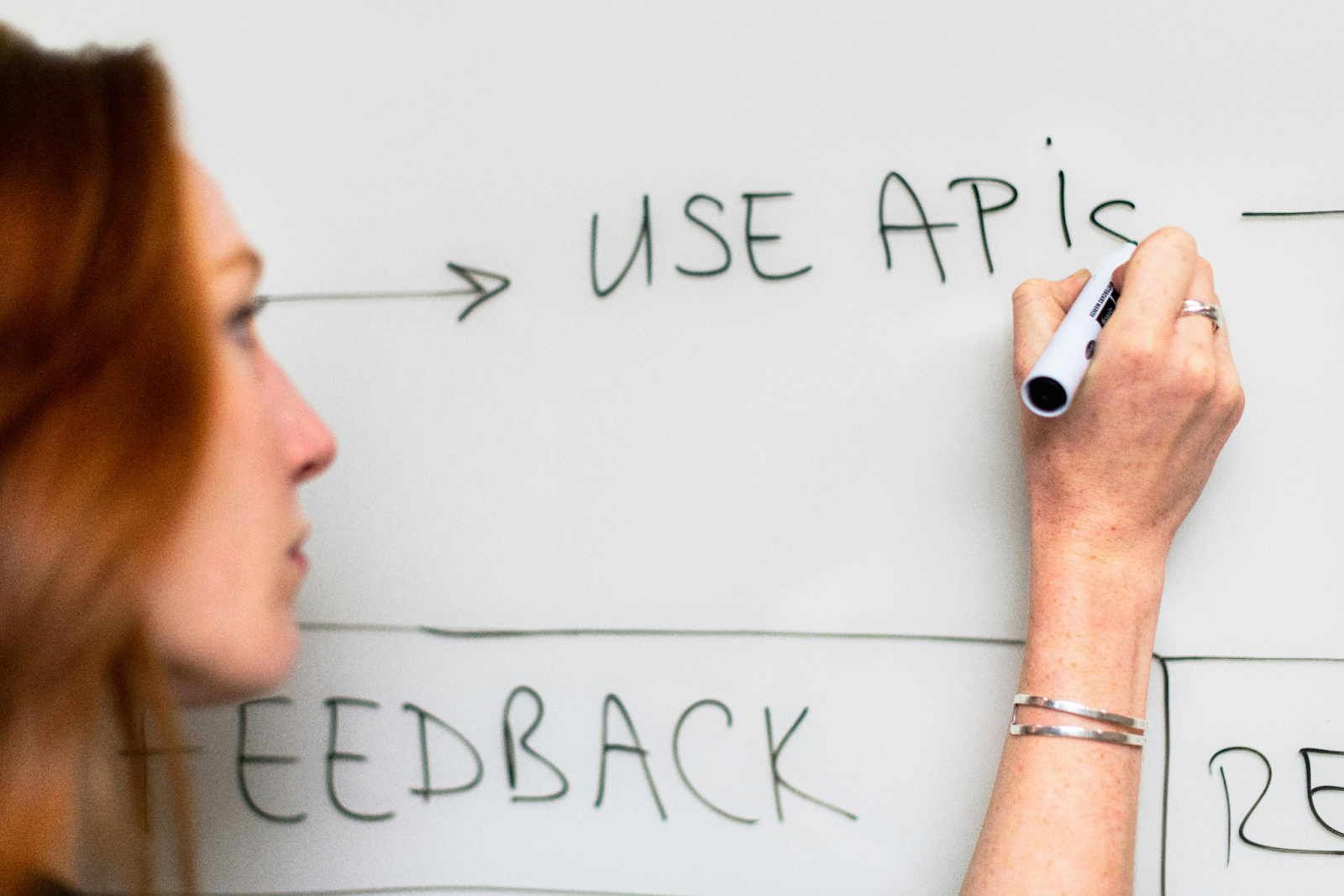 Person writing "USE APIs" on whiteboard with marker, wearing bracelet on wrist.