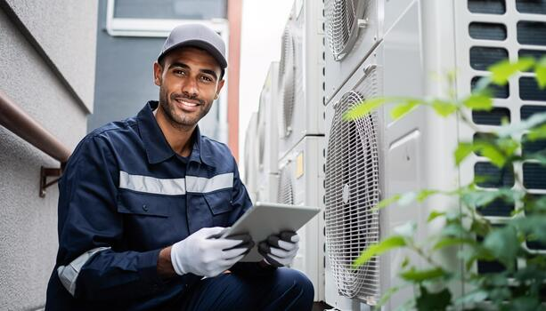 Field technician using mobile asset management software to inspect outdoor HVAC units.