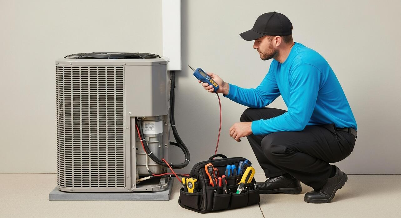HVAC technician crouching with a diagnostic tool while servicing an outdoor air conditioning unit.