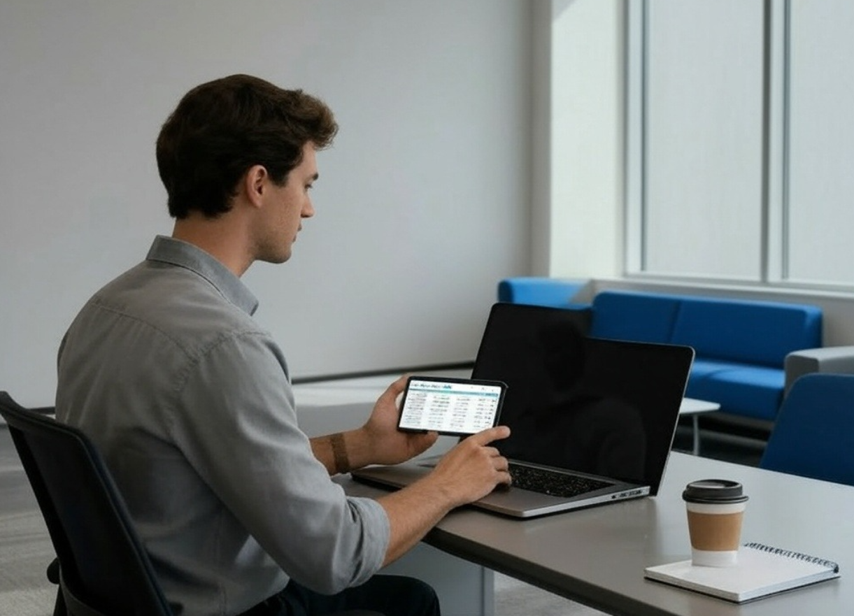 An individual using a smartphone to review mining operations information in a modern office setting.