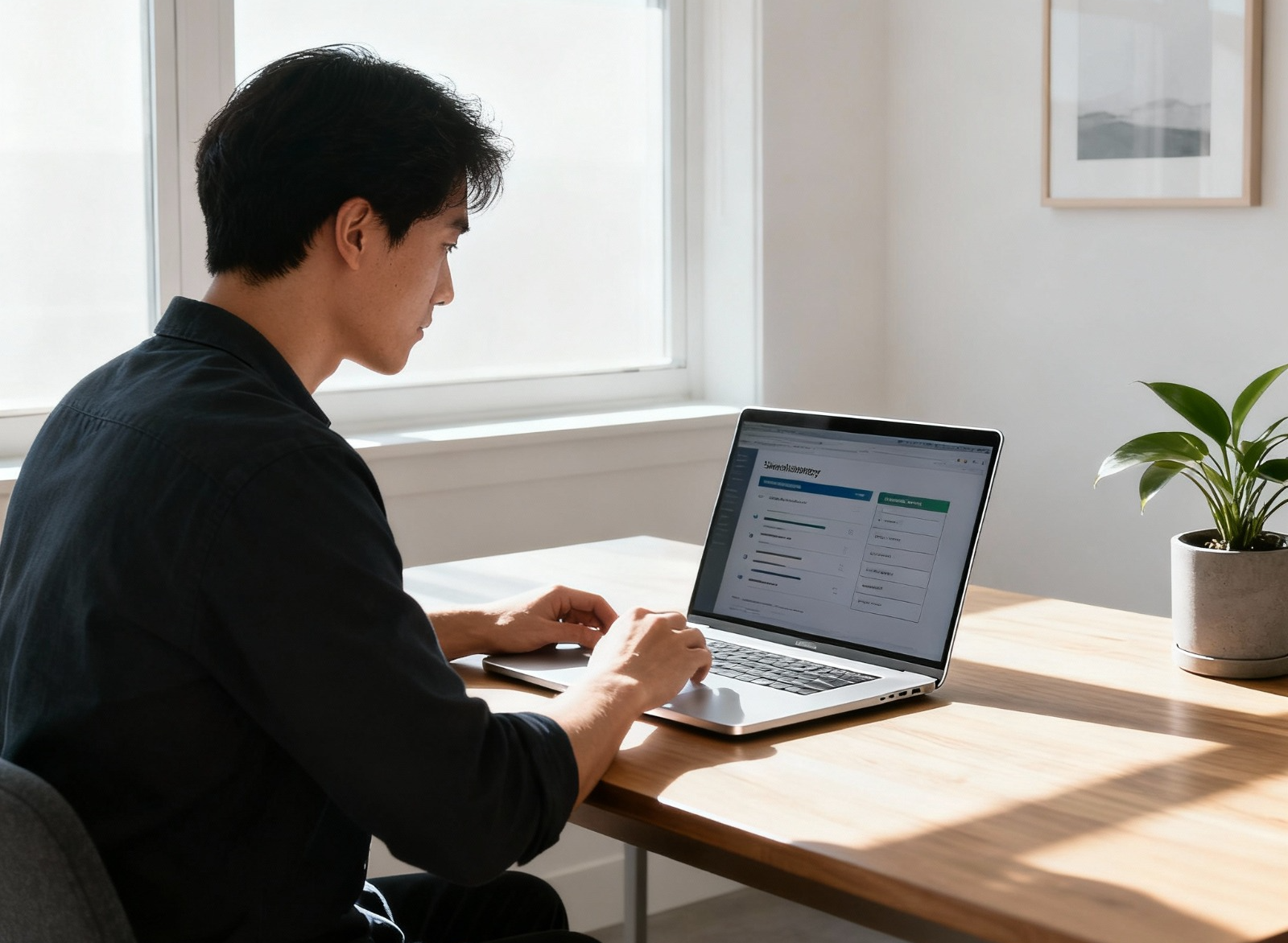 Individual reviewing online survey results on a desktop computer in a modern workspace